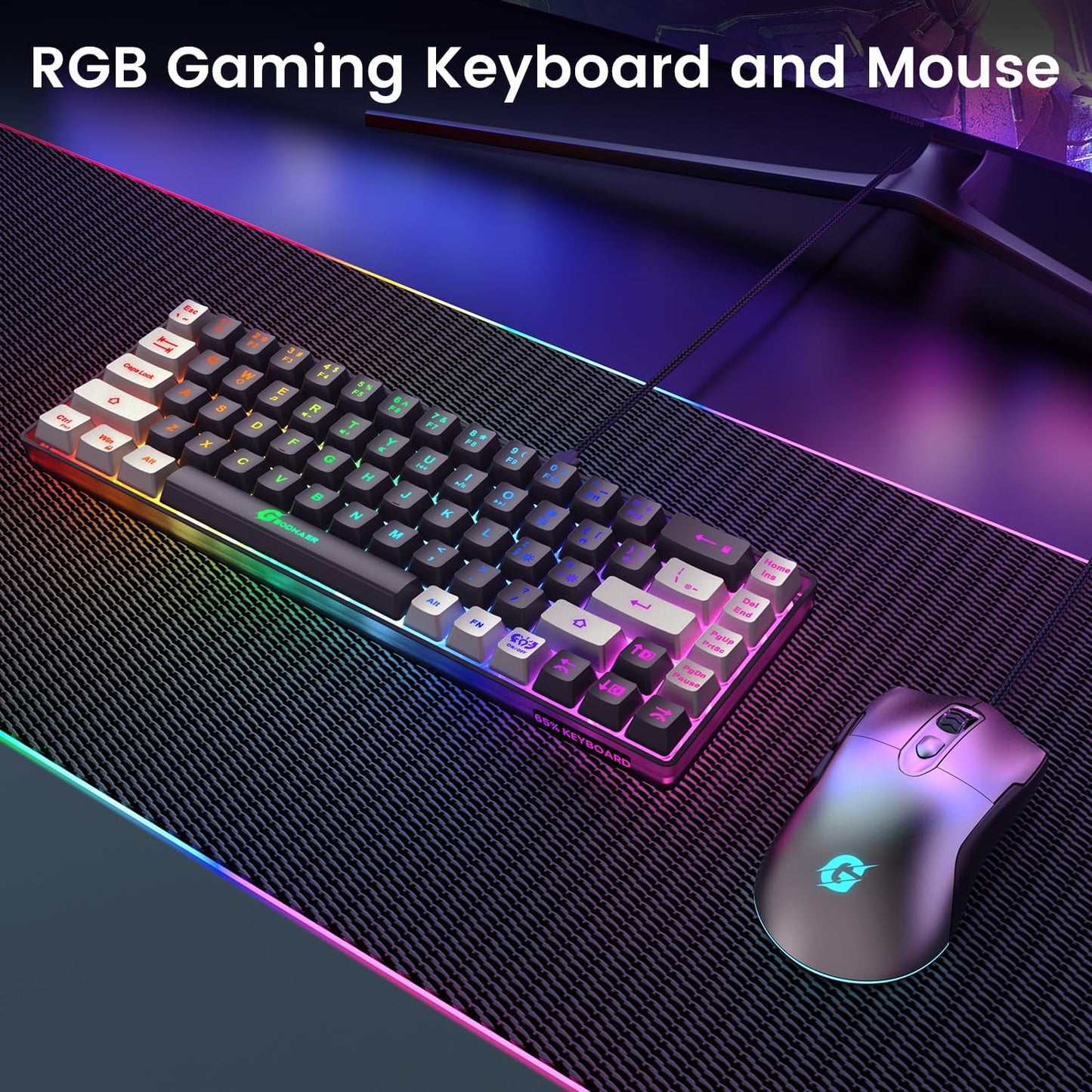 Combo de teclado y ratón para juegos 65%, teclado retroiluminado RGB + ratón para juegos de 7200 DPI, teclado y ratón con cable ultra compacto Anti-Ghosting para PC y portátil gamer