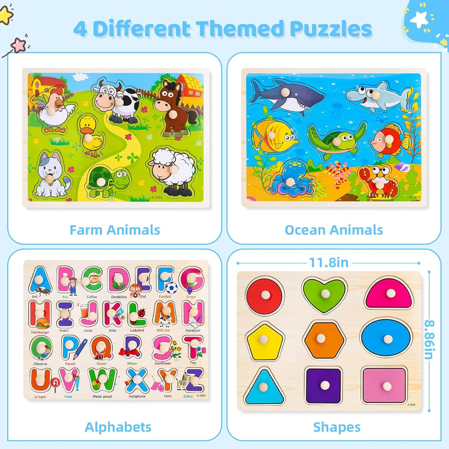 Rompecabezas de madera con clavos para niños pequeños de 2, 3 y 4 años, 4 paquetes de juguetes Montessori para preescolar, rompecabezas de aprendizaje para niños pequeños de 1 a 3 años con animales