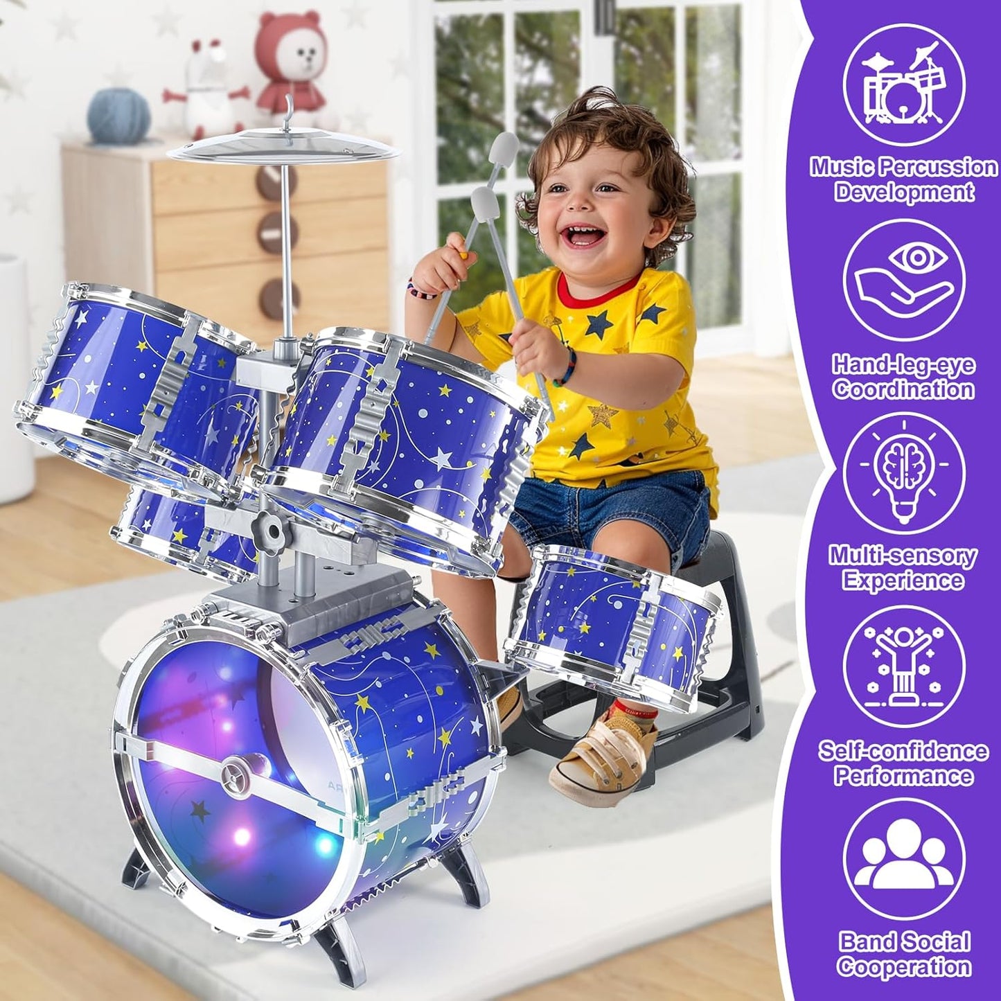 Juego de batería para niños de 1 a 3 años, batería de jazz para niños de 3 a 5 años, juguetes de instrumentos musicales con luz de estrellas para niños y niñas de 2-5, 4, 6, 5-7 (todo de plástico)