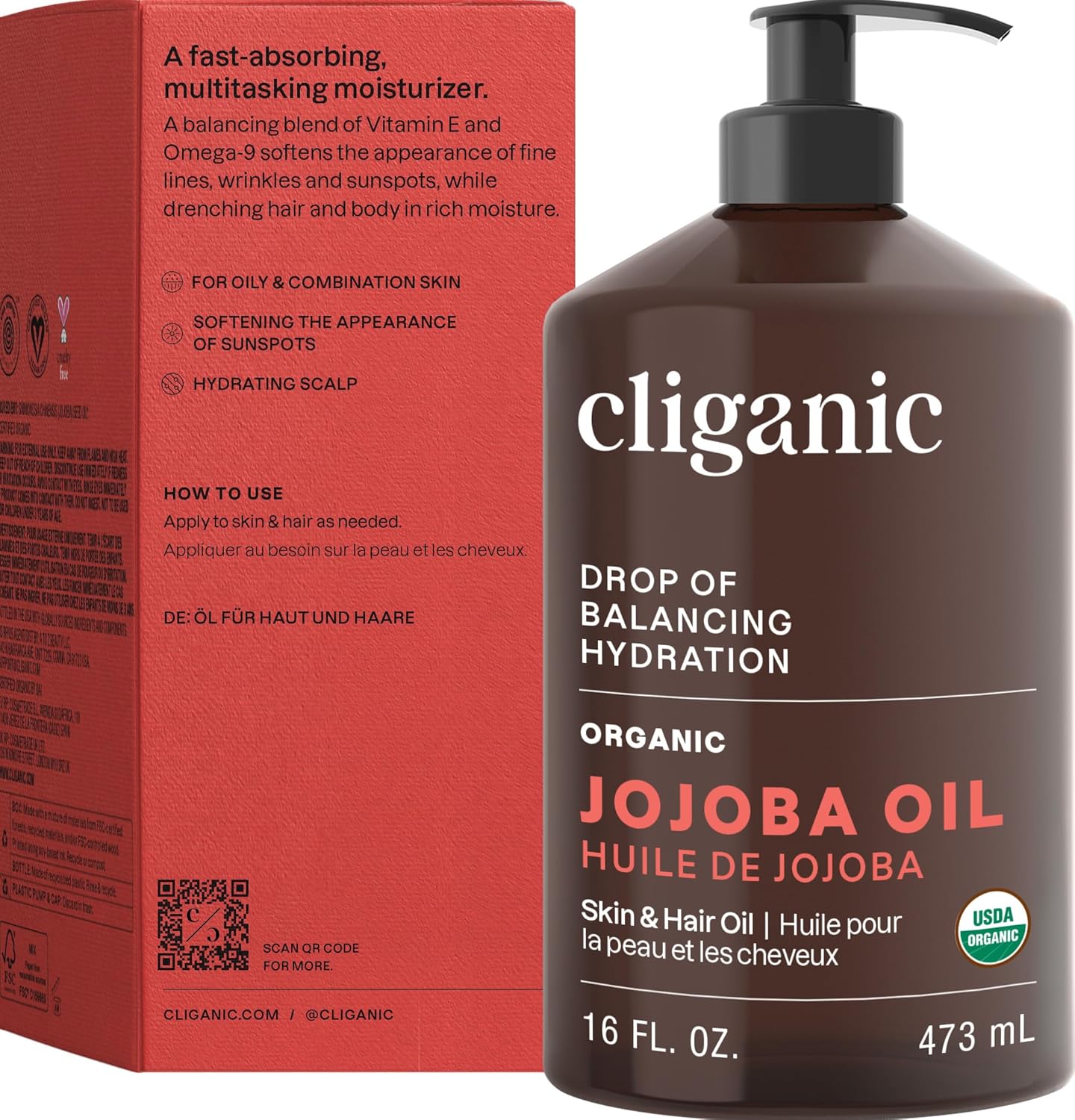 Cliganic Aceite de jojoba orgánico de 16 onzas, 100% puro, a granel...