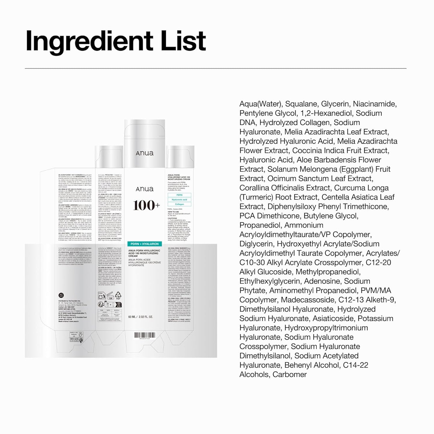 ANUA PDRN Crema Hidratante de Ácido Hialurónico 100, Hidratante Ligero con ADN de Salmón, Ácido Hialurónico, Colágeno para Piel de Vidrio, Cuidado de la Piel Coreano (60ml / 2.02 fl. oz)