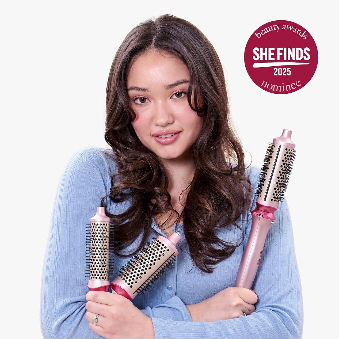 Set de cepillo térmico iónico Wavytalk Heatwave Pro, cepillo redondo caliente de 3 tamaños para cabello corto a largo, iones negativos bilaterales para un peinado sin encrespamiento y brillante, rosa