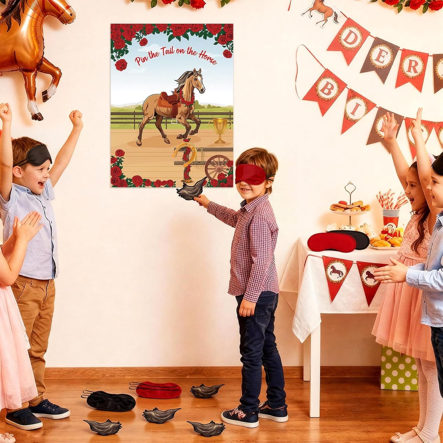 Civaner Juego de 33 piezas de decoración Derby Pin The Tail on The Horse con 1 póster, 30 colas de caballo y 2 máscaras de ojos de poliéster, juegos de fiesta para Derby Western Cowboy suministros de