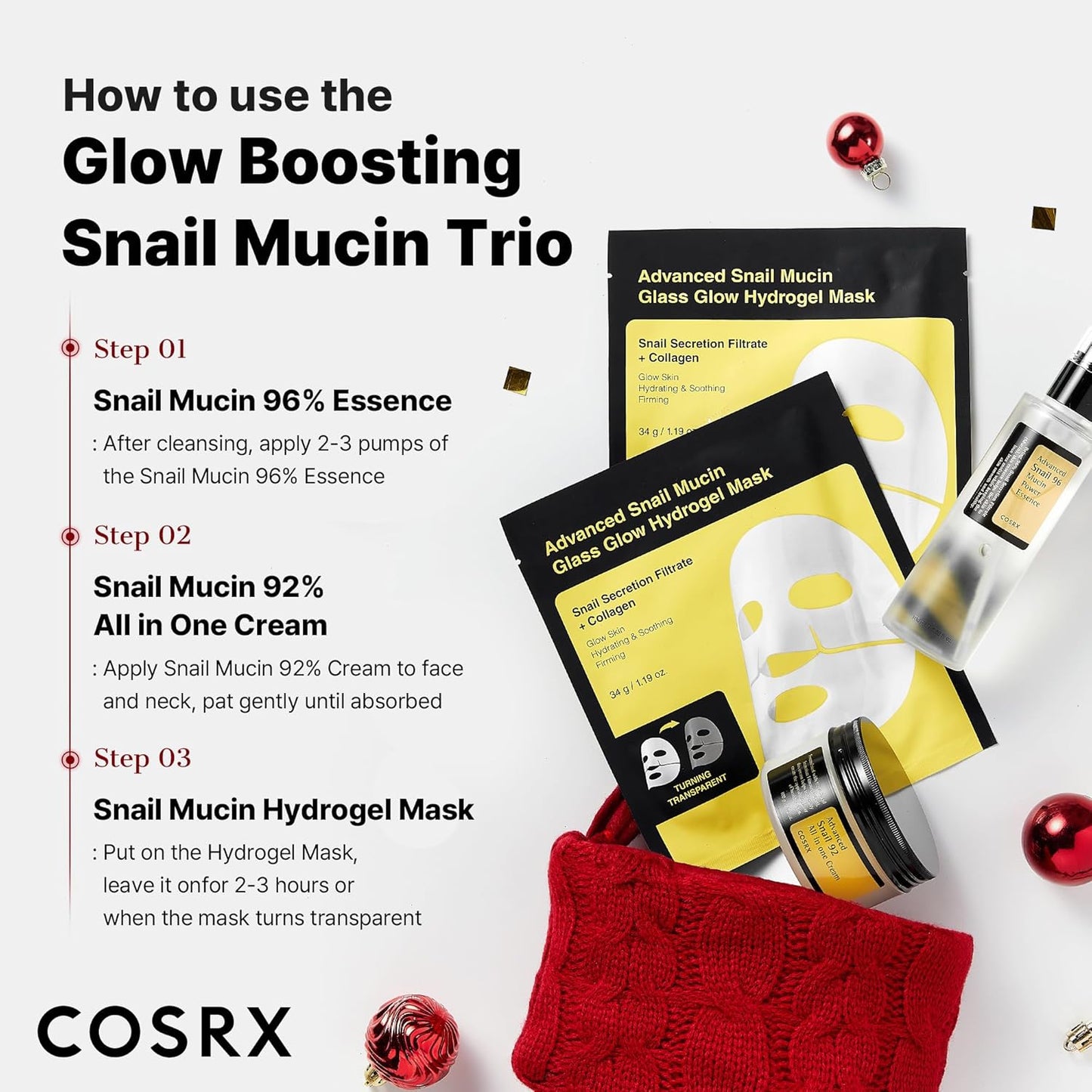 COSRX Snail Mucin - Set de Regalo Navideño Limitado con Suero Reparador de Mucina de Caracol, Crema Hidratante y Mascarilla Facial de Colágeno, Set Coreano para el Cuidado de la Piel, Rellenos de