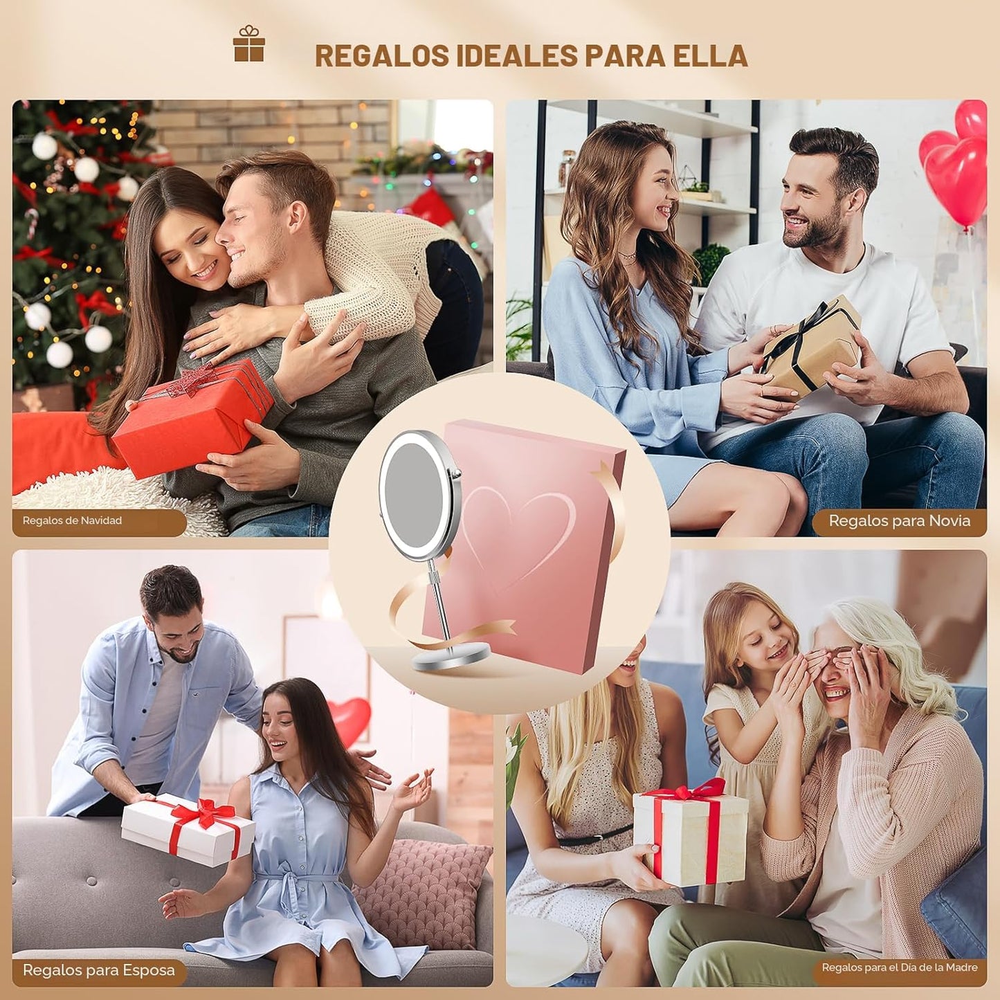 Espejo de Maquillaje con Luces, Espejo de Tocador con Rotación 360°...