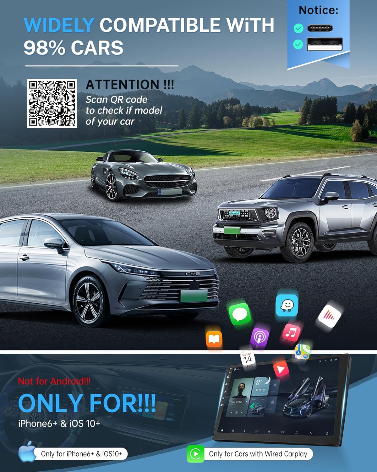 Jemluse Adaptador CarPlay inalámbrico para Apple iPhone: conexión f...