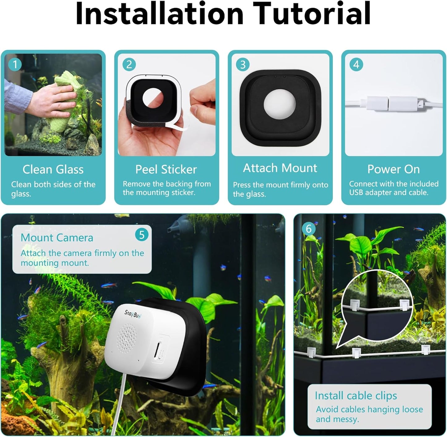 SnapBud Cámara de reptiles y acuario AI de 3MP 2K con soporte magné...
