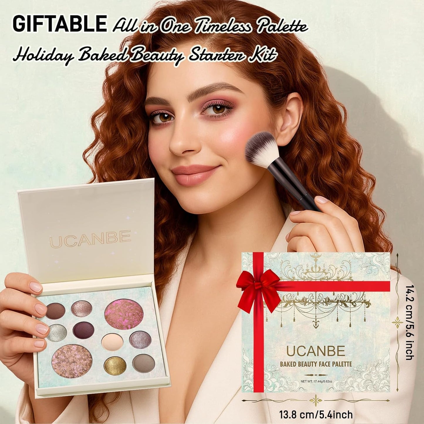 UCANBE Juego de paleta de maquillaje horneado de tamaño completo, incluye rubor, bronceador, 8 sombras de ojos y pinceles, pigmentado todo en uno para cara y ojos, kit de regalo de belleza de polvo