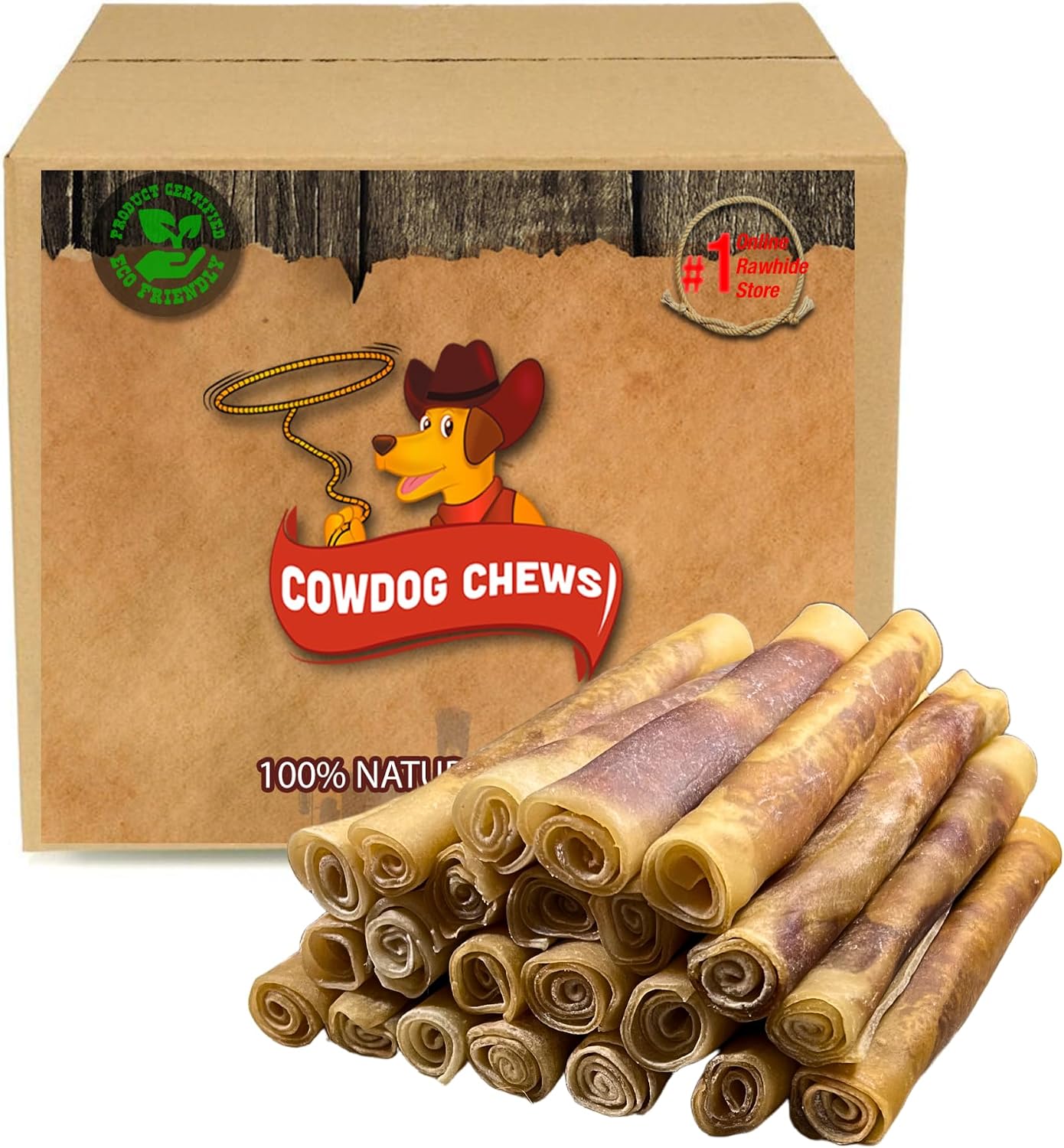Cowdog Chews, rollos de cuero crudo gourmet con carne 9-10" (pa...