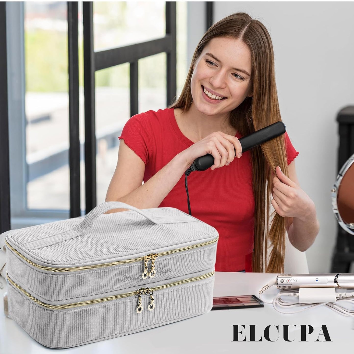 ELCUPA Estuche de viaje para herramientas de cabello de doble capa...