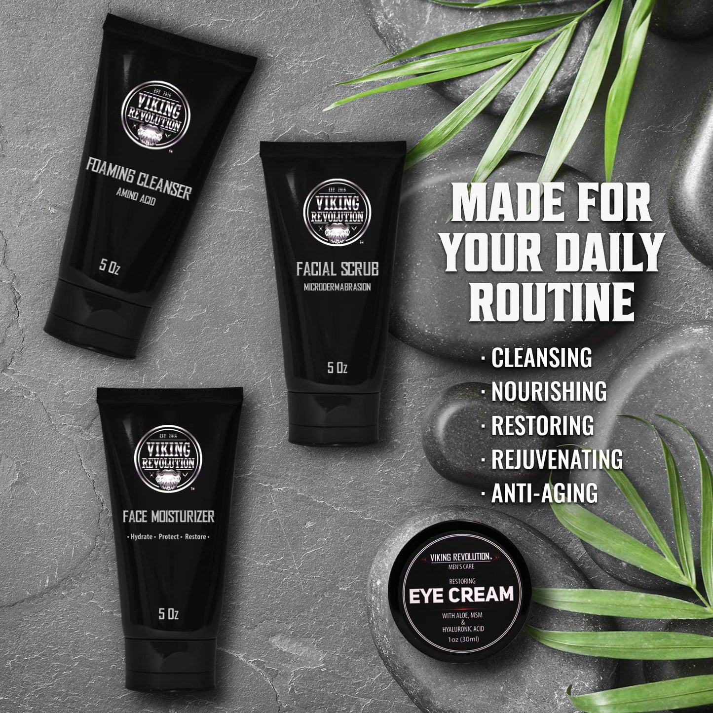 Viking Revolution Kit de cuidado facial de la piel para hombres, incluye hidratante facial rejuvenecedor, exfoliante facial de microdermoabrasión, limpiador espumoso (5 onzas cada uno) y crema de ojos
