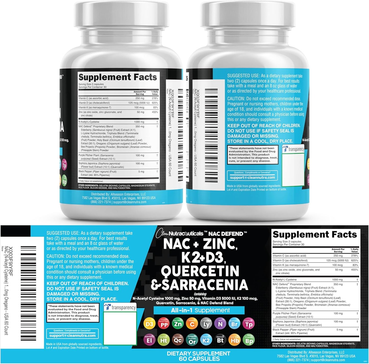 Suplemento NAC N-acetil cisteína Vitamina D3 K2 Zinc Quercetina Sar...
