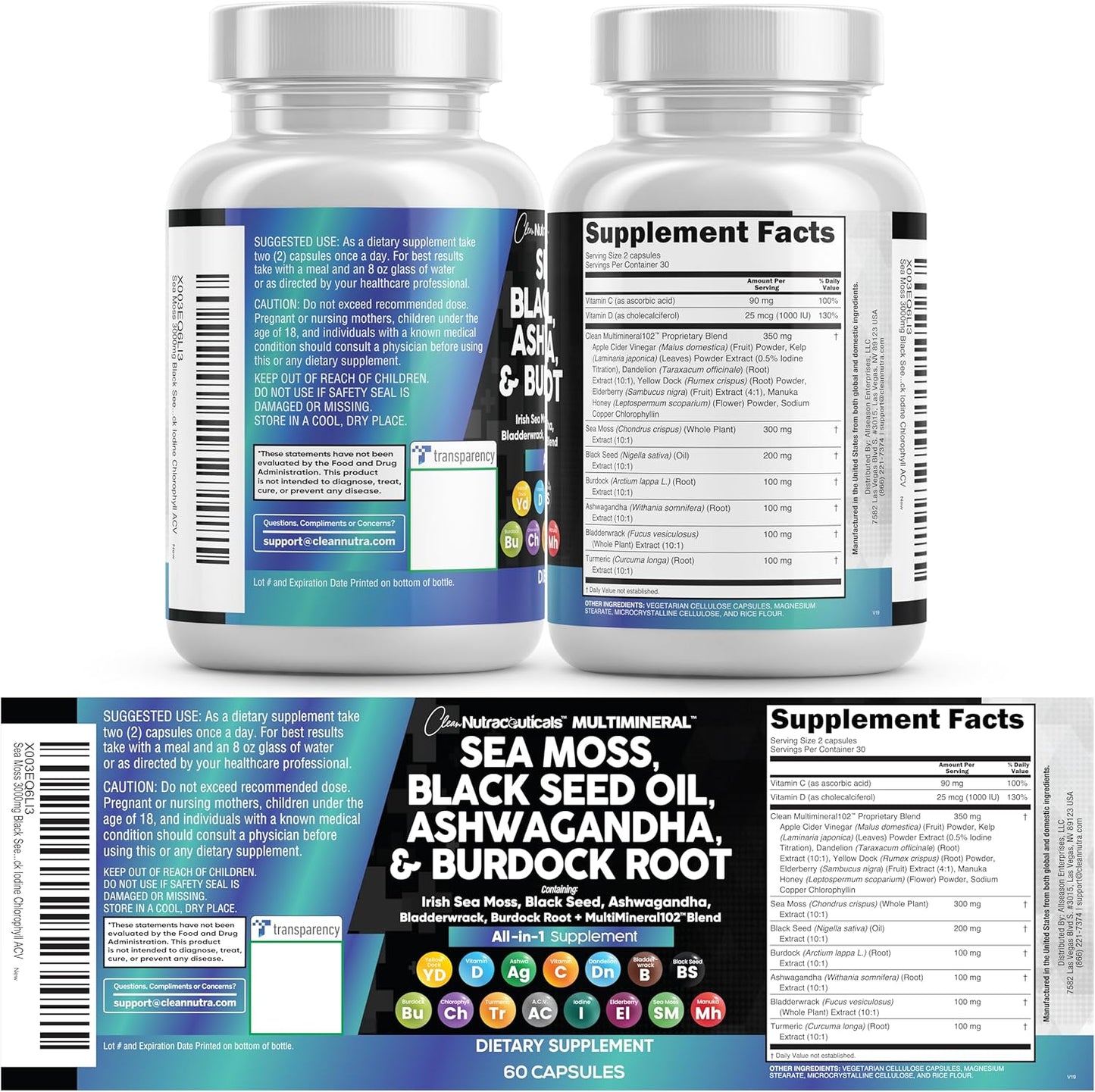 Clean Nutraceuticals Musgo Marino Aceite de Semilla Negra Ashwagand...