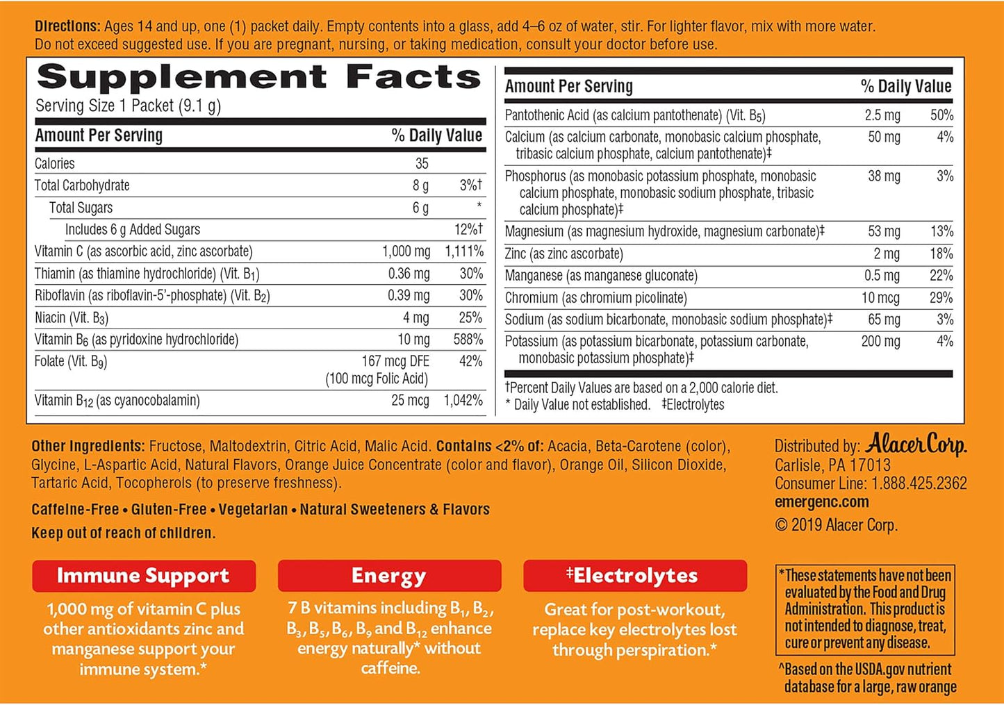 Emergen-C 1000 mg de vitamina C en polvo para apoyo inmunológico di...