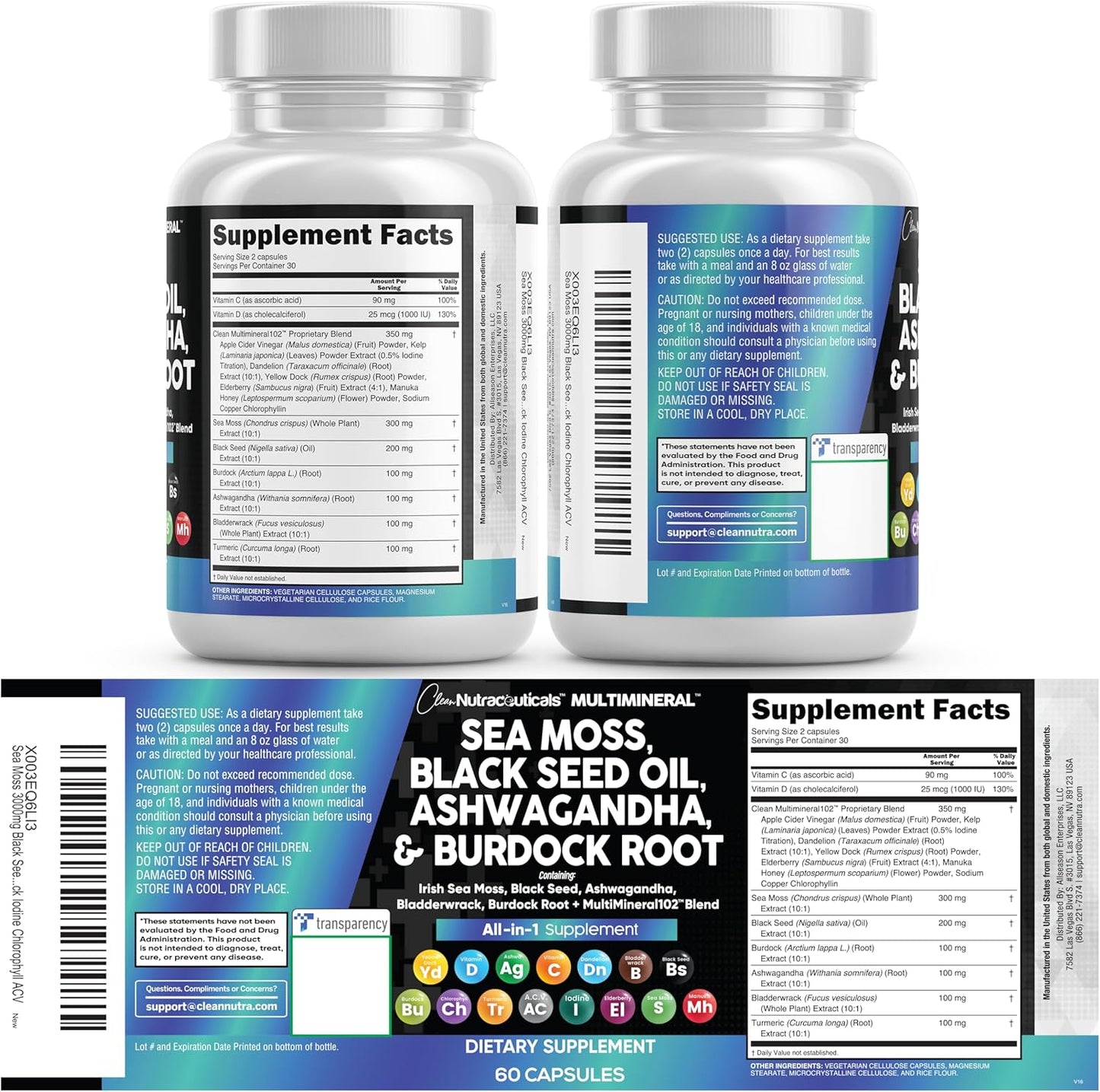 Clean Nutraceuticals Aceite de semilla negra de musgo marino, Ashwa...