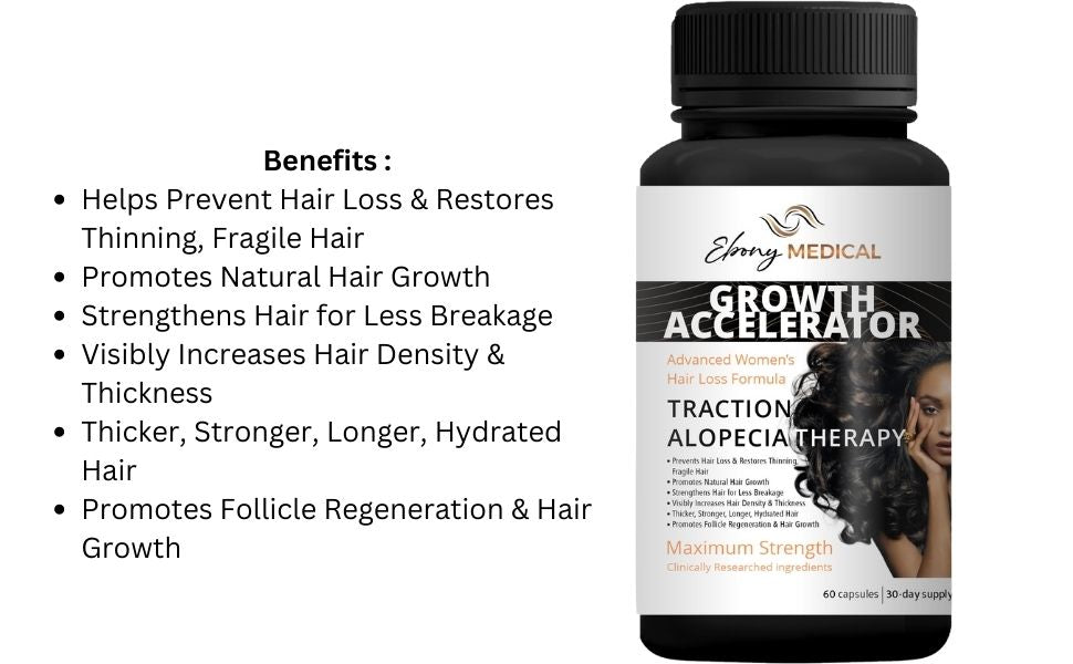 Suplemento médico de ébano para el cabello para mujeres de color - Adelgazamiento del cabello y apoyo de la alopecia de tracción - Impulso de queratina, nutrición folículo y vitaminas para la fuerza
