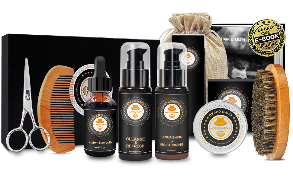 XIKEZAN Kit mejorado de aseo para barba con acondicionador de barba, aceite de barba, bálsamo para barba, cepillo para barba, lavado de barba/champú, peine para barba, tijeras para barba, bolsa de