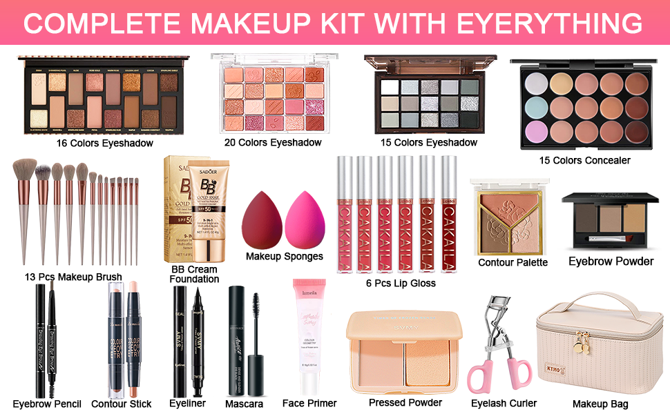 Kit de maquillaje todo en uno, kit de maquillaje para mujeres, kit completo de regalo de maquillaje de viaje para mujeres, adolescentes y niñas, incluye sombra de ojos, lápiz labial, delineador de