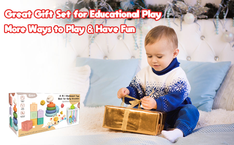 Juguetes Montessori para Bebés - Mordedor de Cuerda, Bloques Apilables, Contenedor de Formas Sensoriales, Diversión para la Hora del Baño Infantil, Juguetes 4 en 1 para Niños y Niñas