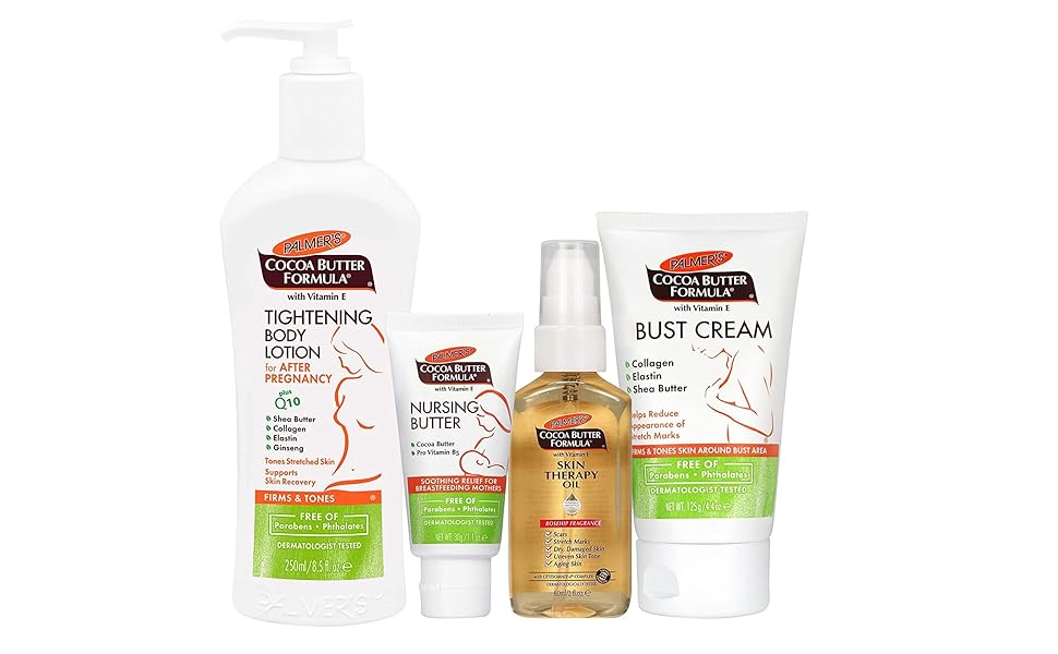 Palmer's Cocoa Butter Formula New Moms Skin Recovery Postpartum Essentials, Loción para el cuerpo (8.5 oz) + Mantequilla para lactancia (1.1 oz) + Crema para el busto (4.4 oz) + Aceite de terapia para