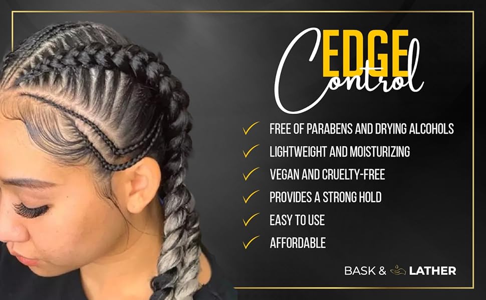BASK & LATHER Gel de control de bordes Strong Hold con aceite de ricino, no graso, no descamado, sin yeso blanco, de larga duración, apoya el crecimiento del cabello, fórmula natural, para todo tipo