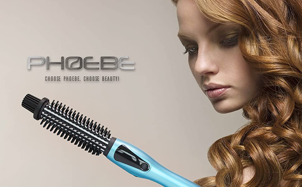 Phoebe Rizador con Cepillo, cerdas antiquemaduras, calentamiento instantáneo, doble voltaje, cerámica turmalina iónica, varita rizadora para todo tipo de cabello (1 pulgada)