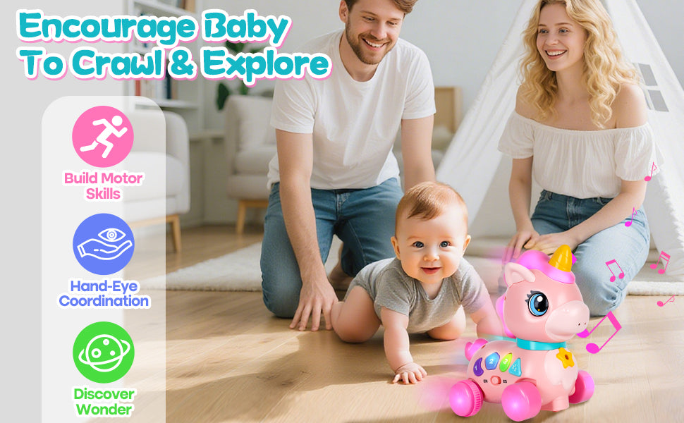 Juguete de unicornio para bebés de 6 a 12 a 18 meses con música y luces, explora la educación bilingüe para el desarrollo sensorial de los niños pequeños, aprender a caminar, moverse, gatear, para el tiempo de la barriga, juguetes de Navidad, regalos de c