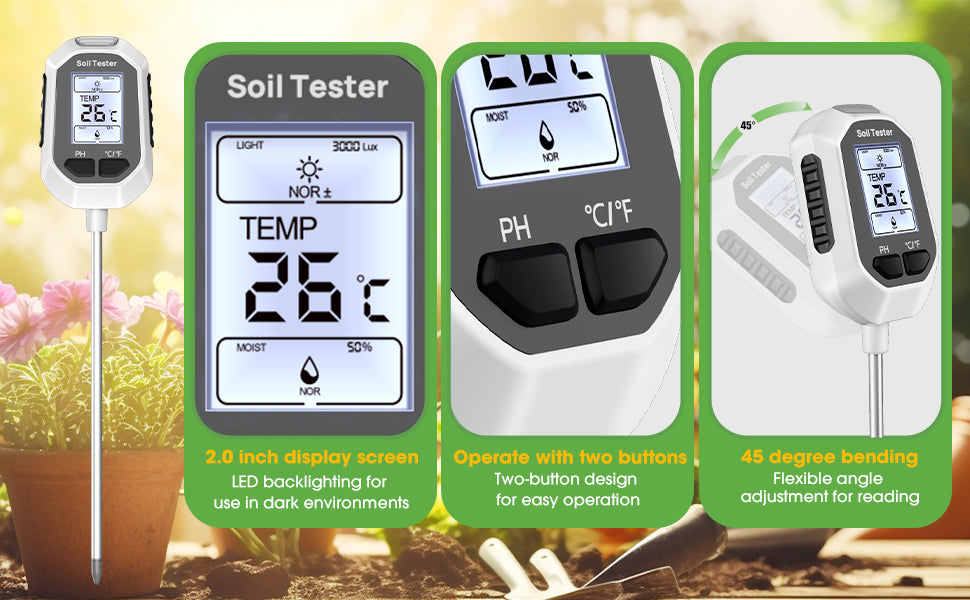 Medidor de Humedad del Suelo 4 en 1, Medidor Digital de Temperatura de Plantas/Prueba de Humedad del Suelo y Medidor de PH/Intensidad de Luz Solar, Pantalla LCD con Retroiluminación para