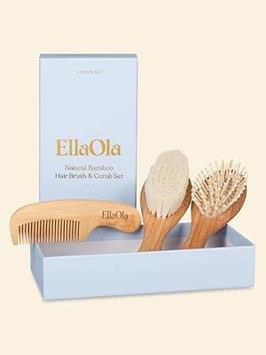 ELLAOLA Juego de cepillo y peine de bambú natural, 3 piezas - Cepillo para costra láctea, cepillo de masaje para el cabello, peine de bambú para niños pequeños, recién nacidos y bebés | Regalo para el