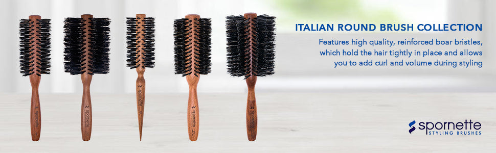 Spornette Cepillo de pelo redondo italiano de 3 pulgadas (#955-XL) – Cepillo redondo de cerdas de jabalí de doble densidad con mango de madera para secar con soplado, peinar, dar volumen, alisar y rizar cabello medio a largo