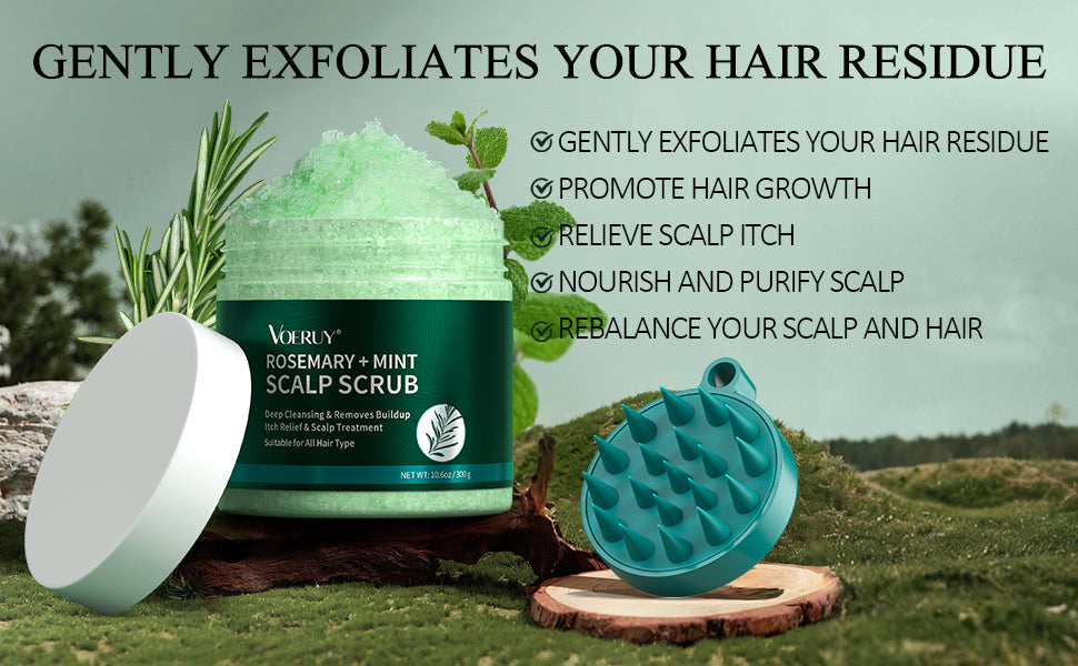 Exfoliante para el cuero cabelludo, champú exfoliante de cuero cabelludo de romero, tratamiento 2 en 1 para el cuero cabelludo con aceite de menta, tratamiento capilar para aclarar y eliminar