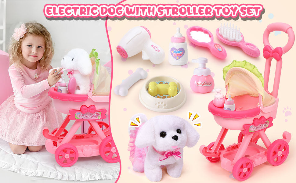 Golray Juguetes de perro para niñas, cochecito y perro de peluche electrónico interactivo que puede caminar, ladrar, 10 piezas de juguete para niña, juego de cuidado de cachorros para niños pequeños
