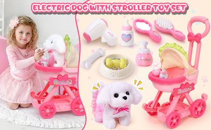 Golray Juguetes de perro para niñas, cochecito y perro de peluche electrónico interactivo que puede caminar, ladrar, 10 piezas de juguete para niña, juego de cuidado de cachorros para niños pequeños