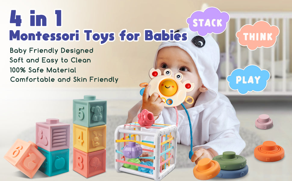 Juguetes Montessori para Bebés - Mordedor de Cuerda, Bloques Apilables, Contenedor de Formas Sensoriales, Diversión para la Hora del Baño Infantil, Juguetes 4 en 1 para Niños y Niñas
