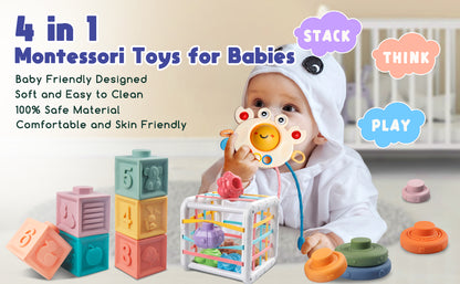 Juguetes Montessori para Bebés - Mordedor de Cuerda, Bloques Apilables, Contenedor de Formas Sensoriales, Diversión para la Hora del Baño Infantil, Juguetes 4 en 1 para Niños y Niñas