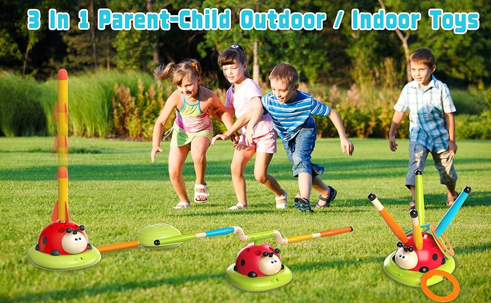 Engfa Juego de salto musical 3 en 1, juego de lanzar anillos y lanzador de cohetes pisoteador para niños, juguetes para niñas y niños de 3-5 años, juguete deportivo y al aire libre para edades de 5-7