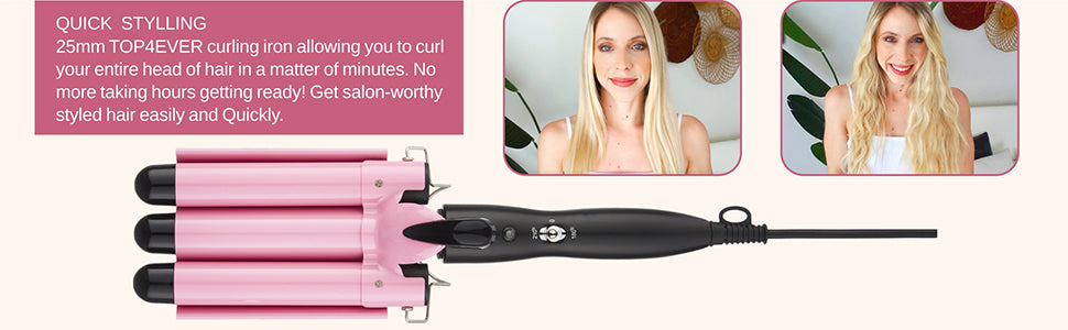 TOP4EVER Rizador de 3 barriles, herramienta de pelo de 1 pulgada, rizador para mujer, ondas de playa con dos ajustes de temperatura, color rosa