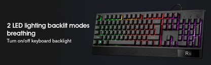 Rii, combo de teclado y mouse para juegos, teclado con cable USB, con 104 teclas, retroiluminación RGB LED con reposamuñecas para PC/Laptop (negro)