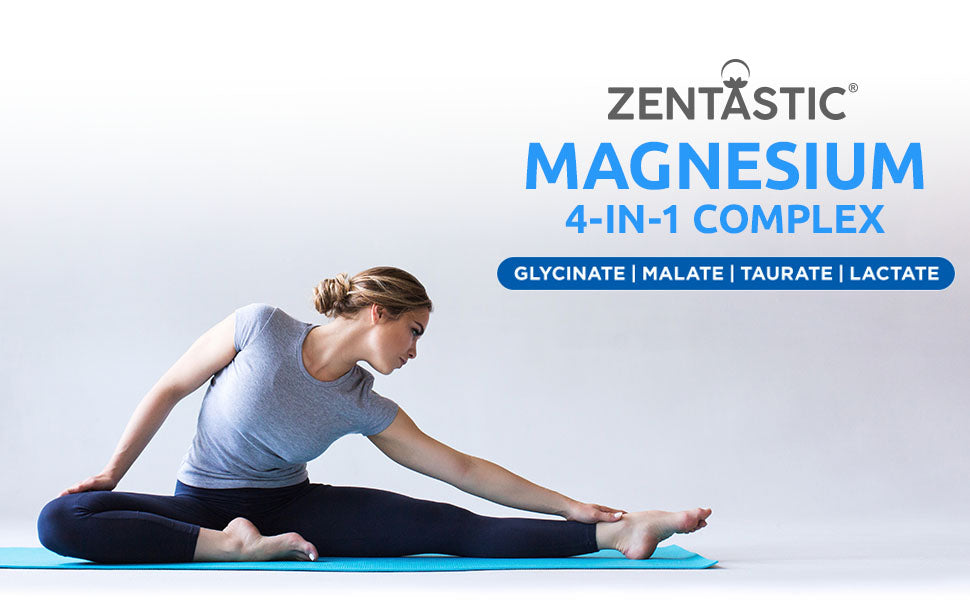 Zentastic Complejo de magnesio 4 en 1 Suplemento - Glicinato de magnesio, malato, taurato y lactato - Alta absorción quelatada para nervios, músculos, huesos y apoyo inmunológico - 120 cápsulas