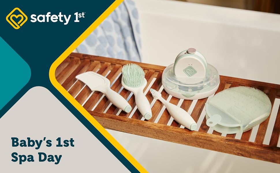 Safety 1st Kit de primer día de spa para bebé, lima de uñas eléctrica, guante de baño suave, cepillo de dientes para niños, cepillo de pelo y peine, juego de aseo infantil