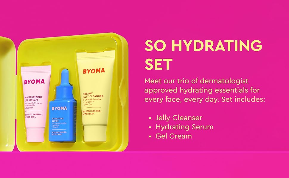 BYOMA Set Tan Hidratante - Set de Reparación de Barrera para el Cuidado de la Piel - Limpiador Cremoso en Gel, Suero Facial Hidratante y Crema Facial de Ceramida para Piel Seca - Antiarrugas, Cuidado