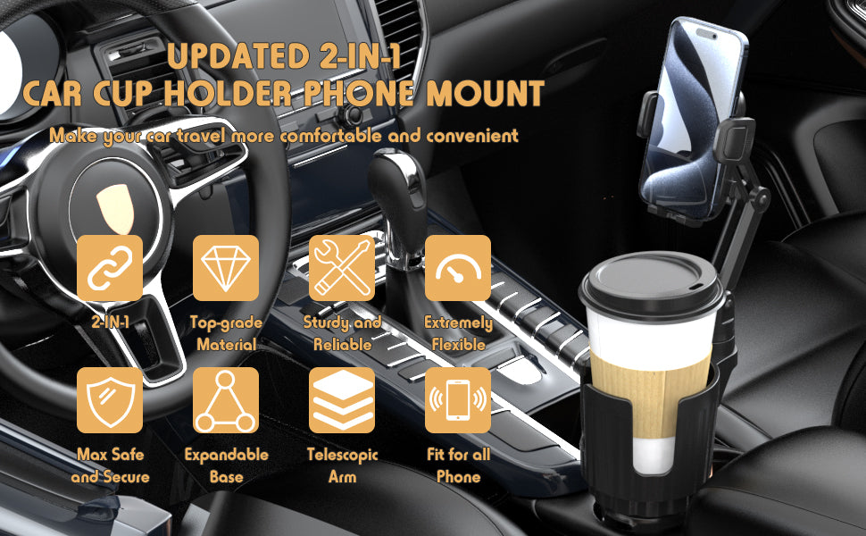 Soportes de teléfono para tu coche, expansor de portavasos universal 2 en 1 con base ajustable y soporte para teléfono, brazo largo con soporte de taza de rotación de 360° para teléfonos compatible