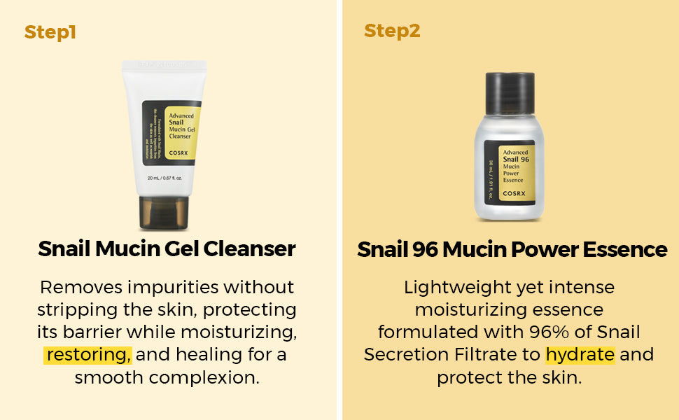 COSRX All About Snail Mucin - Juego de cuidado de la piel coreano, mini artículos esenciales de viaje, juego de regalo de tamaño de viaje con lavado facial de mucina de caracol, suero, crema hidratante y crema para ojos, kit rejuvenecedor
