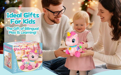 Juguete de unicornio para bebés de 6 a 12 a 18 meses con música y luces, explora la educación bilingüe para el desarrollo sensorial de los niños pequeños, aprender a caminar, moverse, gatear, para el tiempo de la barriga, juguetes de Navidad, regalos de c