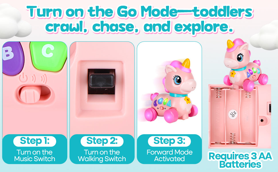 Juguete de unicornio para bebés de 6 a 12 a 18 meses con música y luces, explora la educación bilingüe para el desarrollo sensorial de los niños pequeños, aprender a caminar, moverse, gatear, para el tiempo de la barriga, juguetes de Navidad, regalos de c