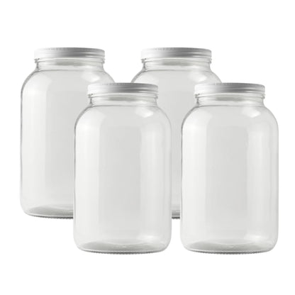 FastRack - Tarro de boca ancha de un galón con tapa hermética de METAL blanco (paquete de 4) | Botes de vidrio con tapas herméticas | Tarro de vidrio de boca grande con tapa de fermentación para