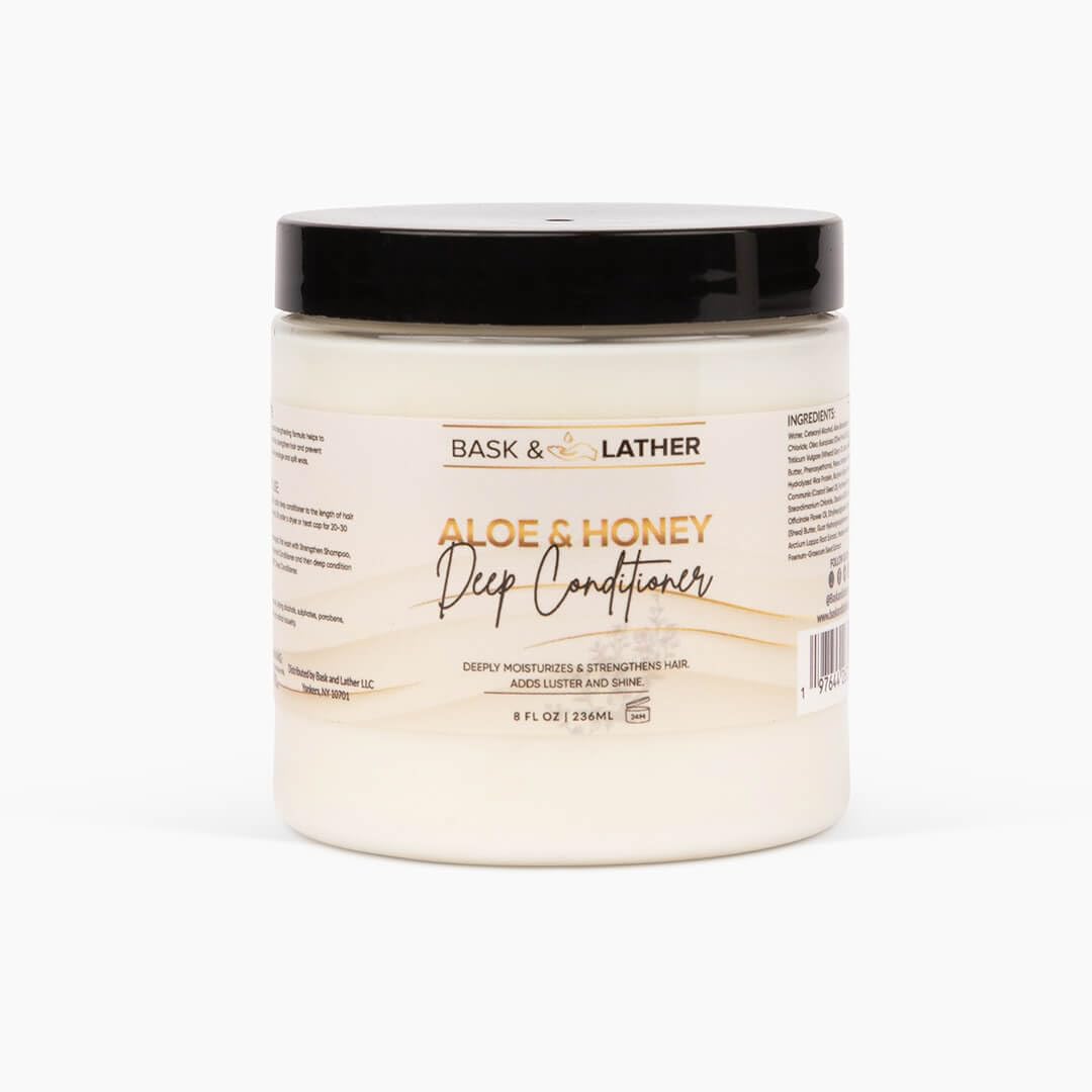 BASK & LATHER Acondicionador profundo de aloe y miel – Mascarilla hidratante para el cabello con aloe vera, miel y manteca de karité – Restaura la fuerza, reduce la rotura, para todo tipo de cabello y