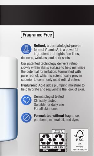 Neutrogena - Crema facial regeneradora de retinol y ácido hialurónico para reparación rápida de arrugas y crema hidratante para el cuello antiarrugas, con ácido hialurónico y retinol, 1.7 onzas