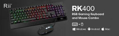 Rii, combo de teclado y mouse para juegos, teclado con cable USB, con 104 teclas, retroiluminación RGB LED con reposamuñecas para PC/Laptop (negro)