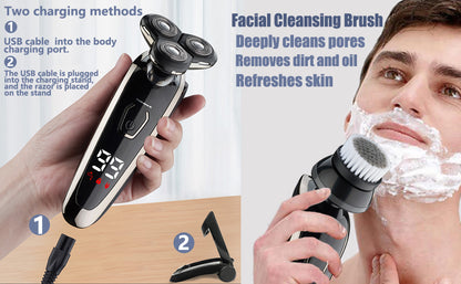 Maquinilla de afeitar eléctrica para hombre, recargable, impermeable, rotativa para afeitar, con recortadora de nariz, patillas, recortadora, cepillo de limpieza facial